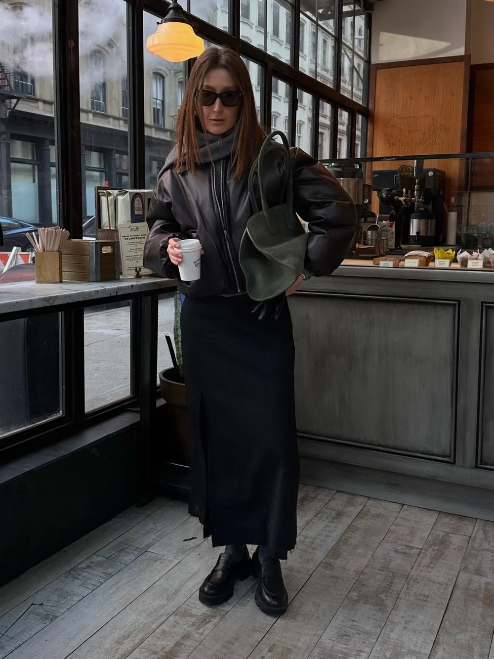 Black Wool Midi A-Line Skirt with Front & Back Slit